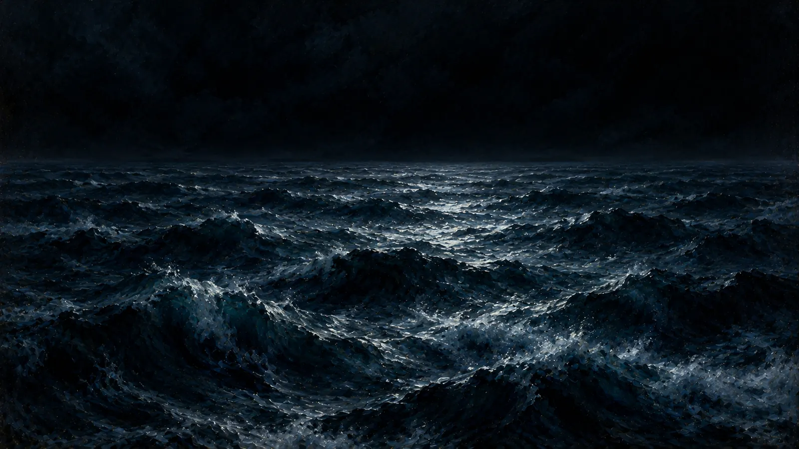 Un océan sombre et sans rivage sous un ciel noir, une brise légère ride la surface de l'eau.