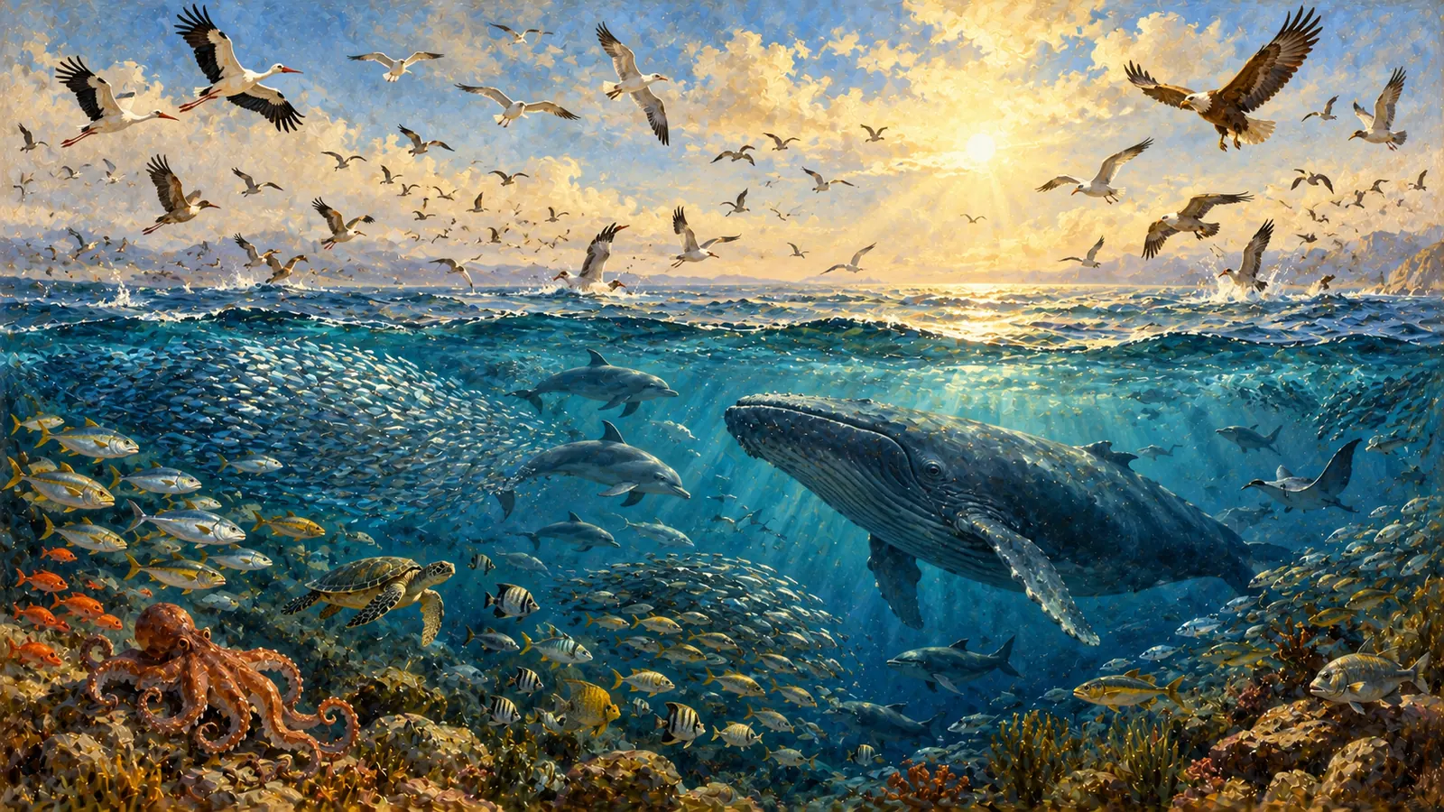 Vue coupée entre mer et ciel ; sous l'eau, des bancs de poissons et une baleine ; au-dessus, des vols d'oiseaux variés.